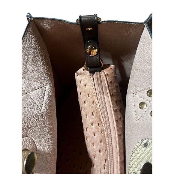 Leather Faux Ostrich Tote Bag Purse Make up Travel 3pc Set Punk and Brown - Picture 5 of 8